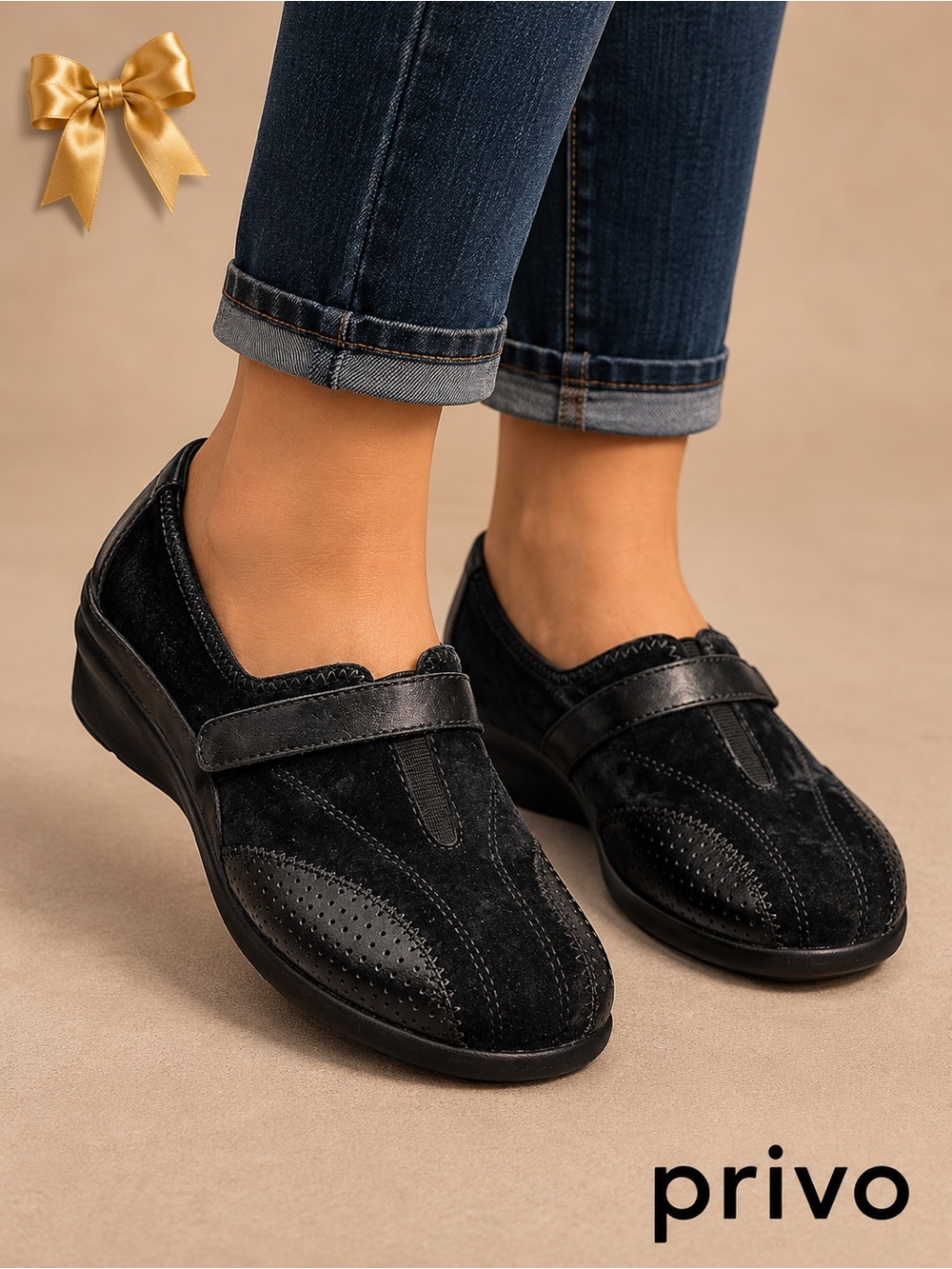 Privo Comfort Black Leather & Suede Mary Jane Comfort Flats Size 8.5M